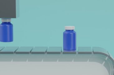 Contract filling process with bottles moving along automated production conveyor