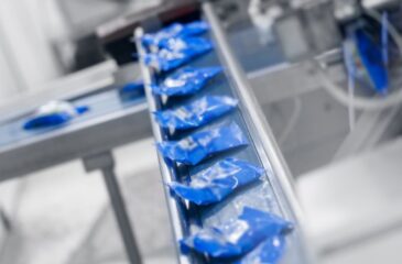 High volume packaging line producing sealed pouches on automated conveyor system