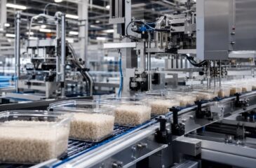 Rigid packaging production line filling and sealing plastic containers in an automated manufacturing facility