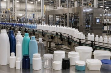 Rigid packaging solutions featuring plastic bottles, jars, tubs, and containers in an automated manufacturing facility