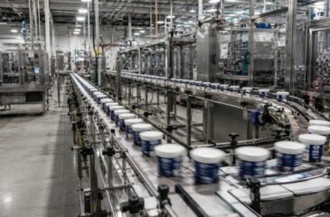 A large-scale packaging facility fills tubs on an assembly line