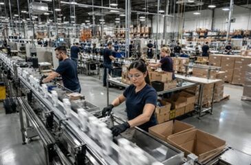 Employees work at a large scale packaging facility, assisting the assembly line.