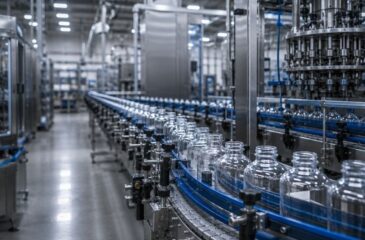 Contract manufacturer operating an automated bottle filling and packaging line in a large-scale production facility