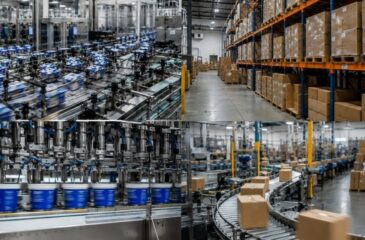 Different images of large scale packaging operations highlight the differences between toll manufacturing vs. contract manufacturing