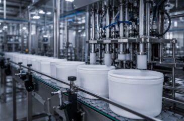 Rigid packaging line filling plastic tubs on an automated manufacturing and packaging system